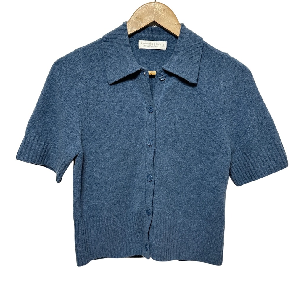 Abercrombie & Fitch Polo Cardigan Sweater Small Blue Merino Wool Short Sleeve
